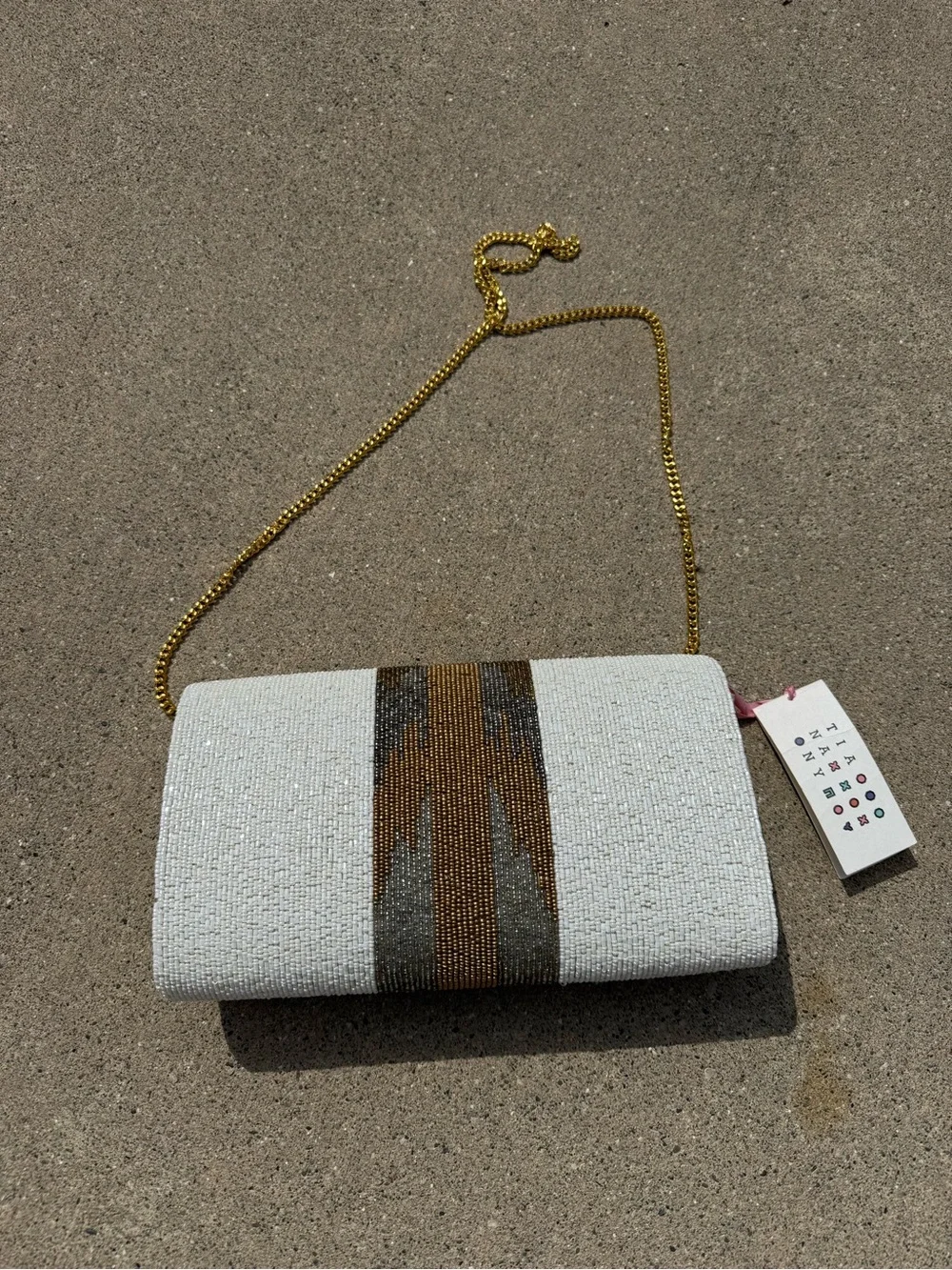 Beaded White Envelope Crossbody Bag with Gold Bee Motif